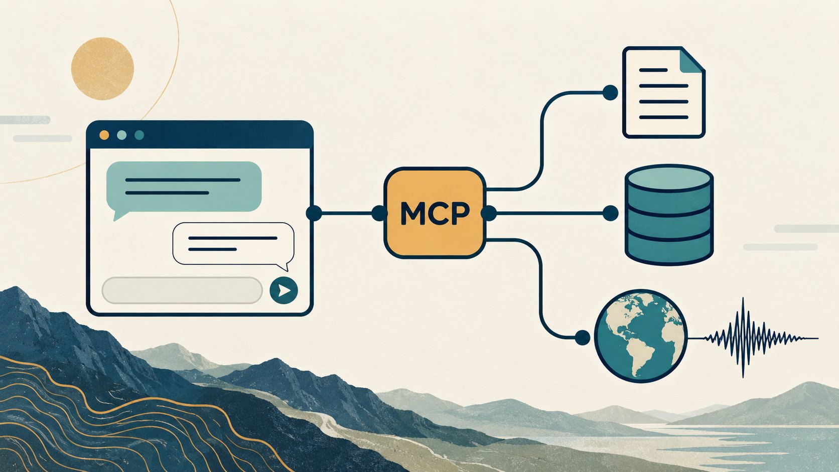 An AI chat application connects through MCP to a document, a database, and a globe with an earthquake waveform.
